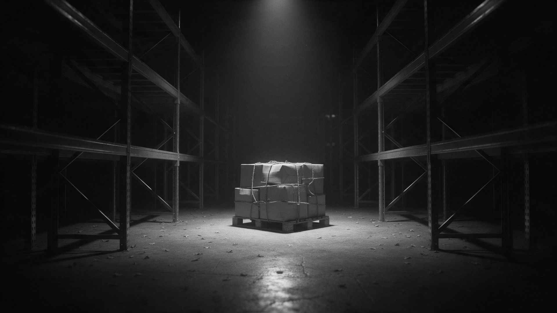A dark warehouse aisle with one pallet of cartons under a single light