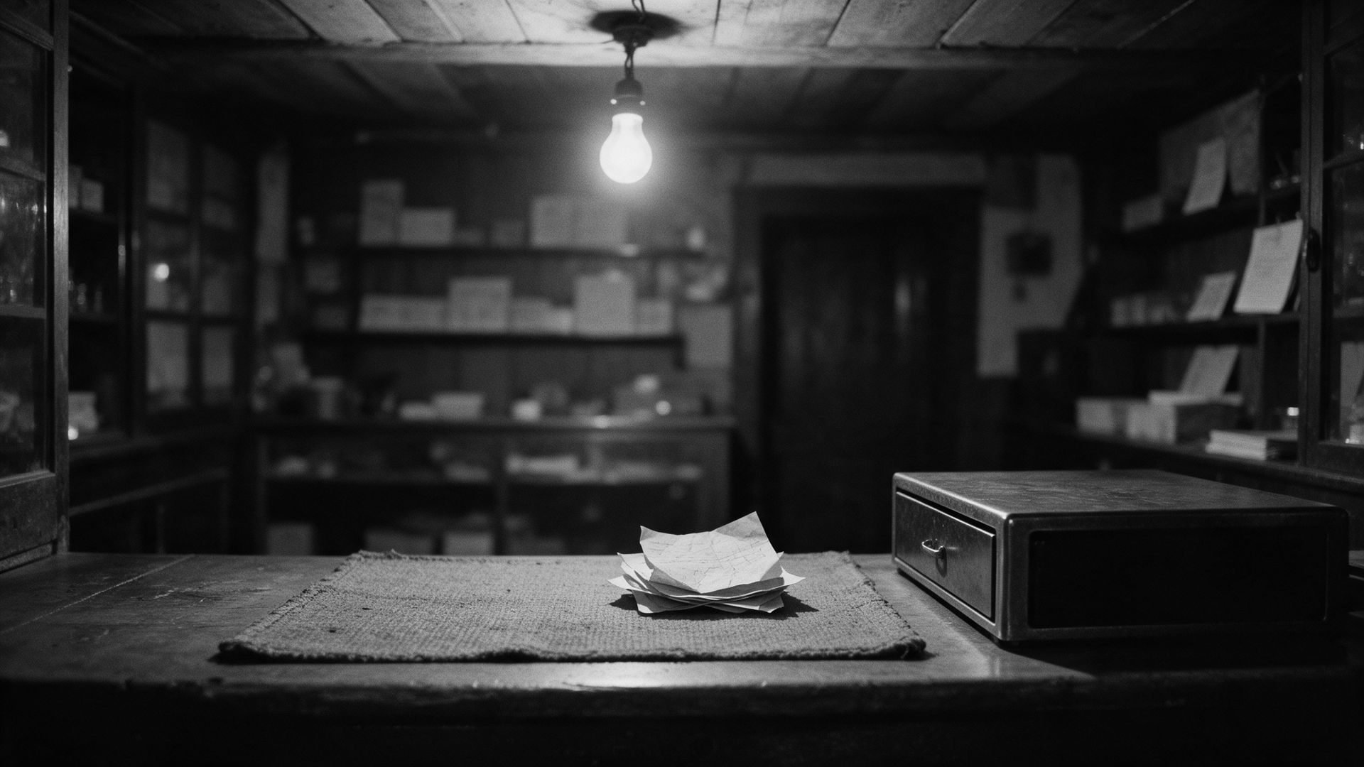 An empty shop counter at closing time under a single bare bulb