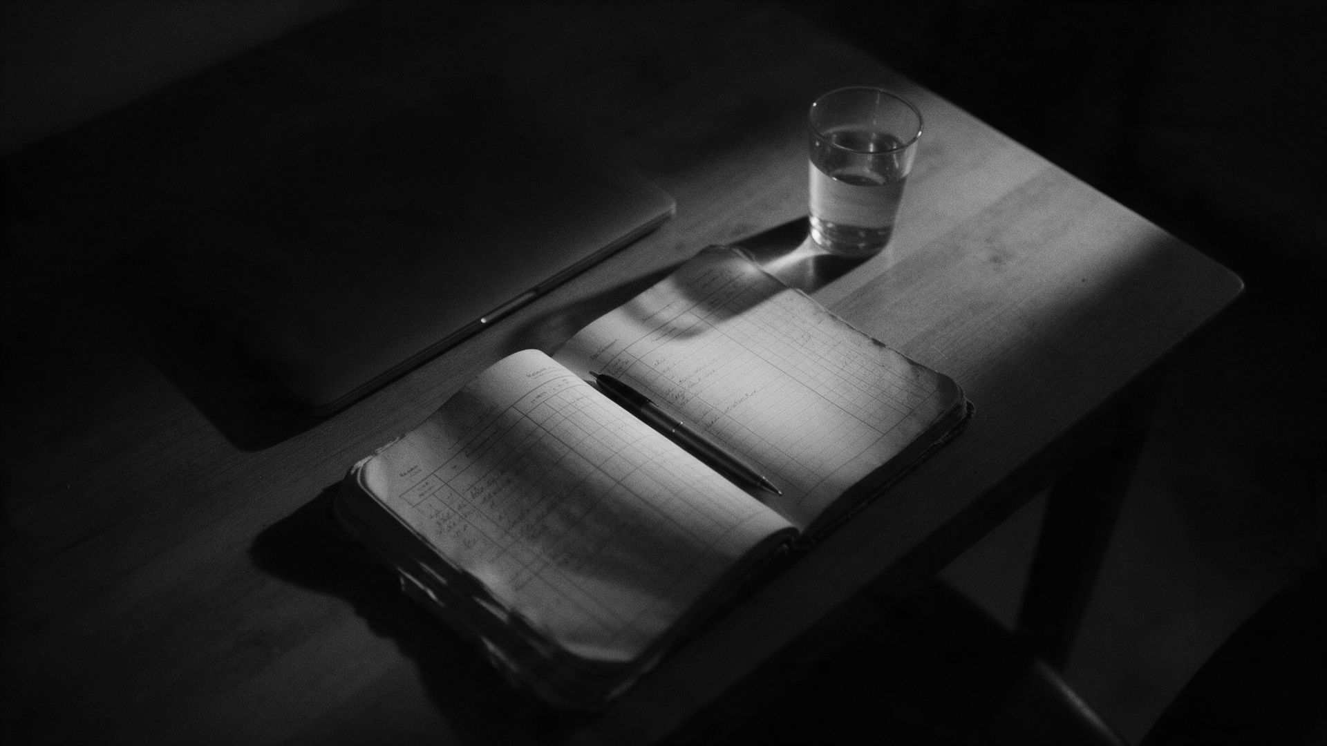 An open paper ledger and pen on a desk in low light